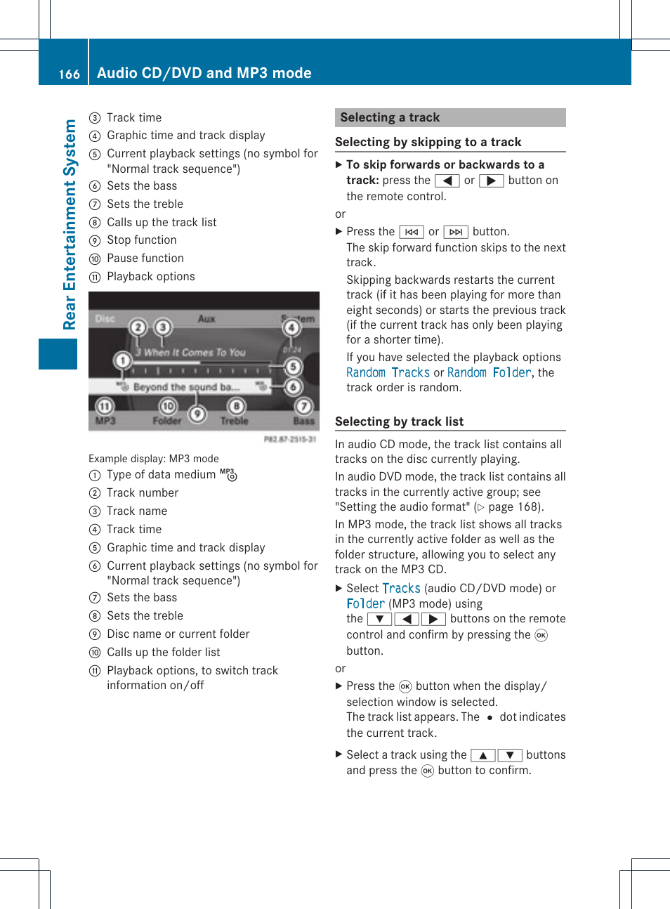 Rear entertainm ent system, Audio cd/dvd and mp3 mode | Mercedes-Benz GL-Class 2012 COMAND Manual User Manual | Page 168 / 210