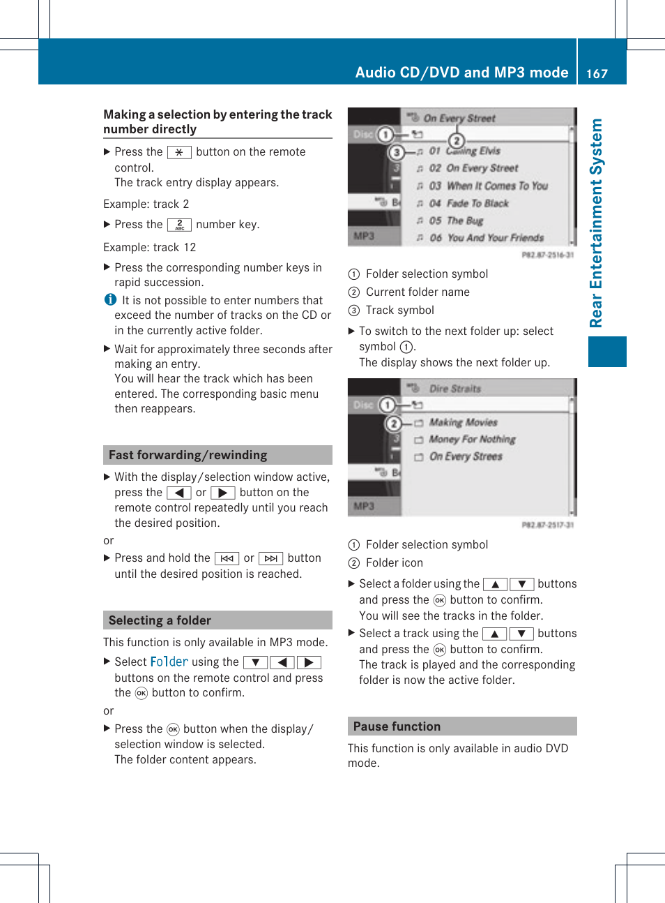 Rear entert ainment system, Audio cd/dvd and mp3 mode | Mercedes-Benz GL-Class 2012 COMAND Manual User Manual | Page 169 / 210