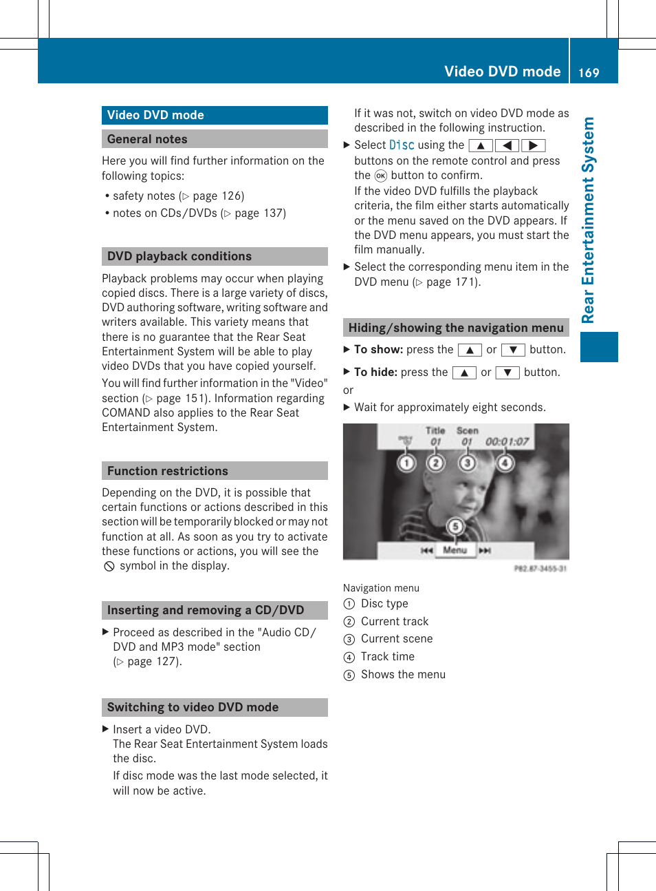 Rear enterta inment system, Video dvd mode | Mercedes-Benz GL-Class 2012 COMAND Manual User Manual | Page 171 / 210