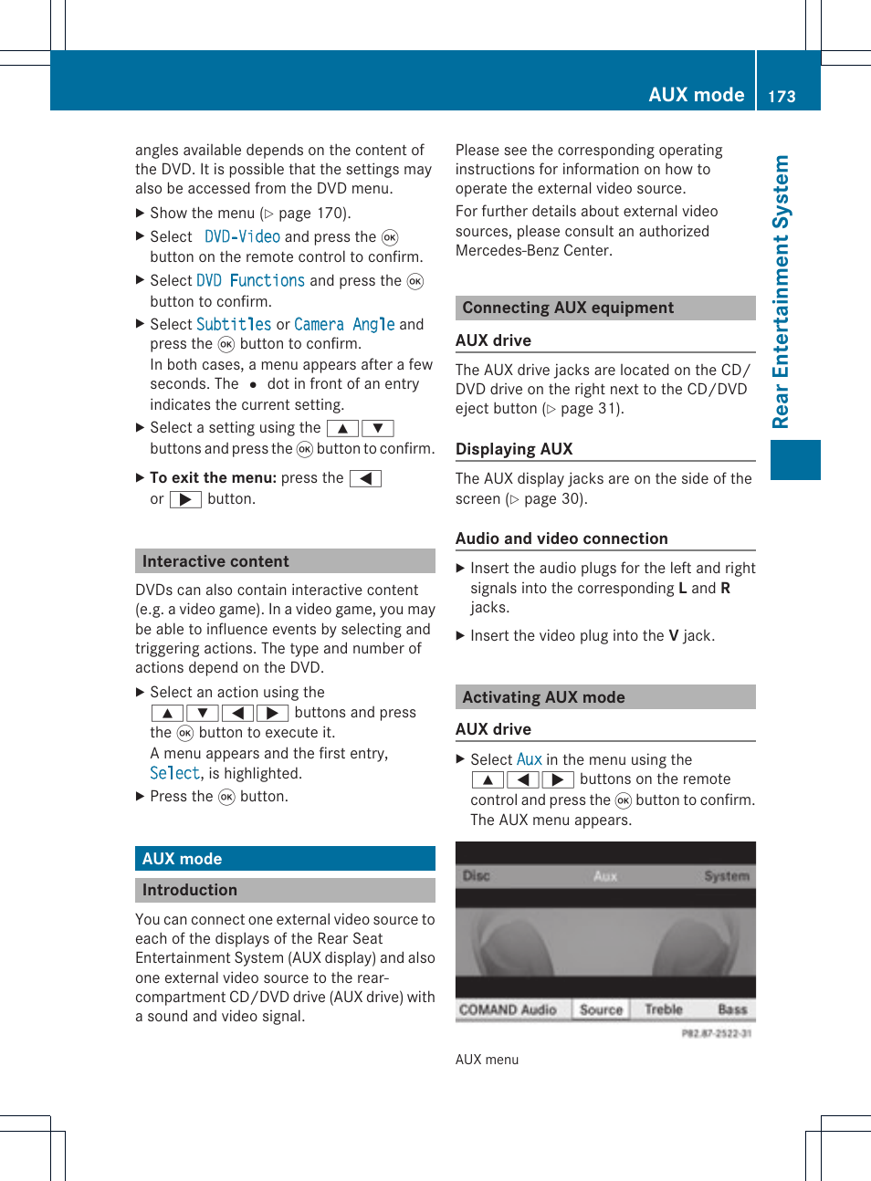 Rear enterta inment system, Aux mode | Mercedes-Benz GL-Class 2012 COMAND Manual User Manual | Page 175 / 210