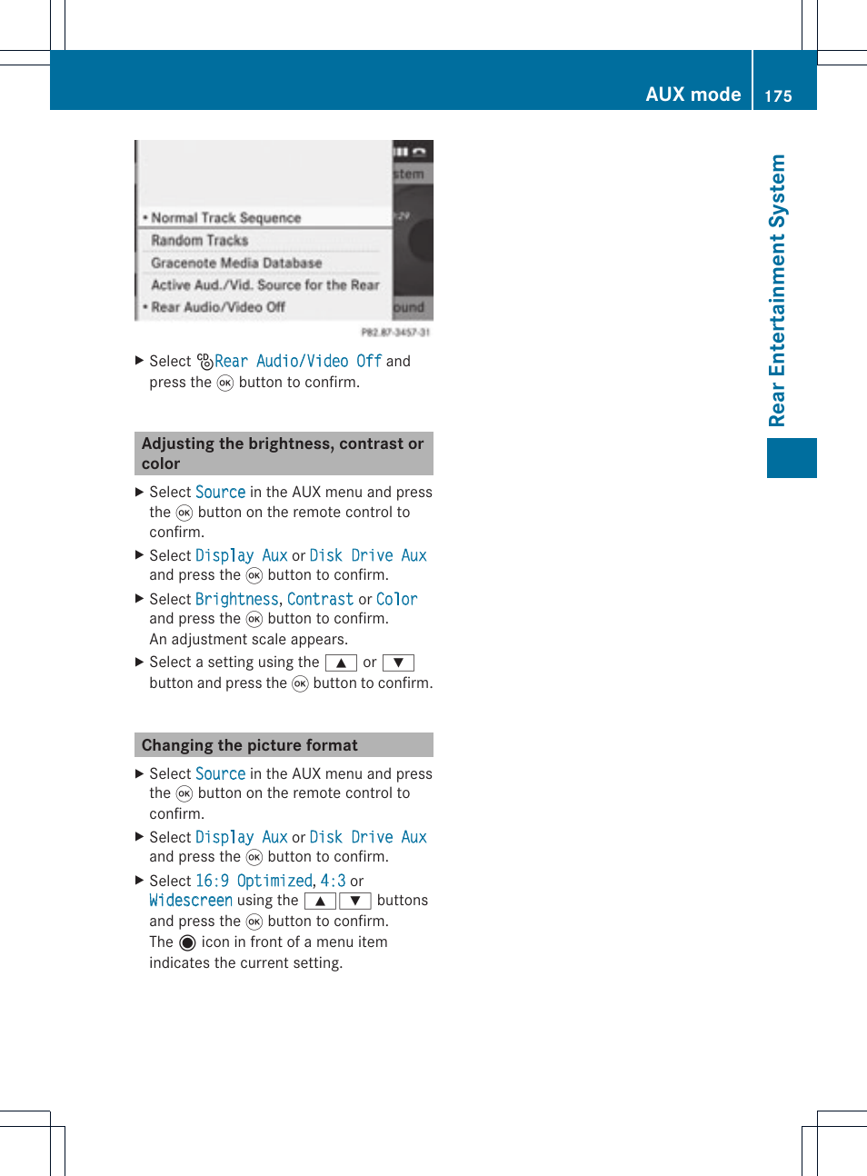 Rear en tertain men tsys tem, Aux mode | Mercedes-Benz GL-Class 2012 COMAND Manual User Manual | Page 177 / 210