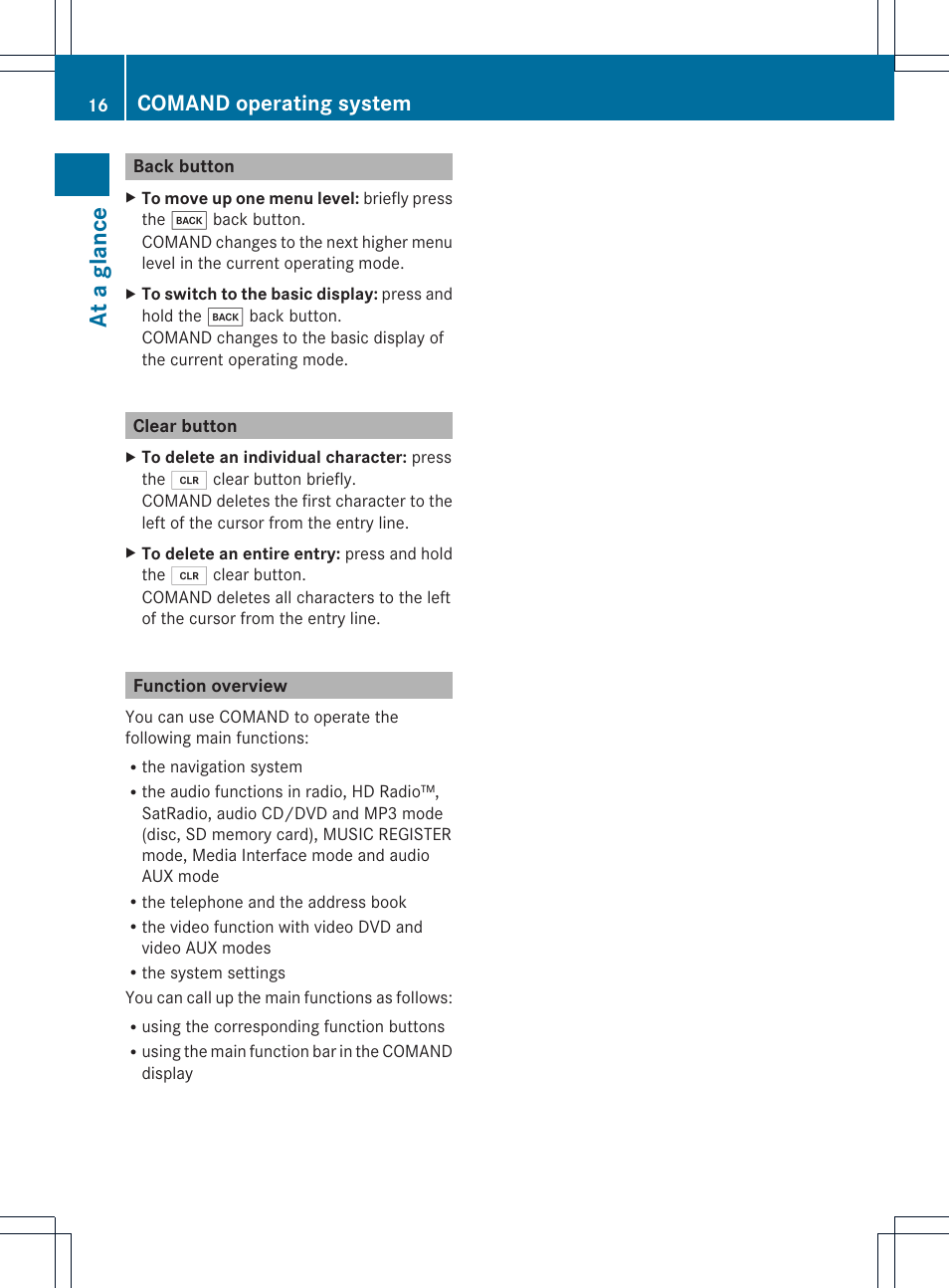 At a glan ce, Comand operating system | Mercedes-Benz GL-Class 2012 COMAND Manual User Manual | Page 18 / 210