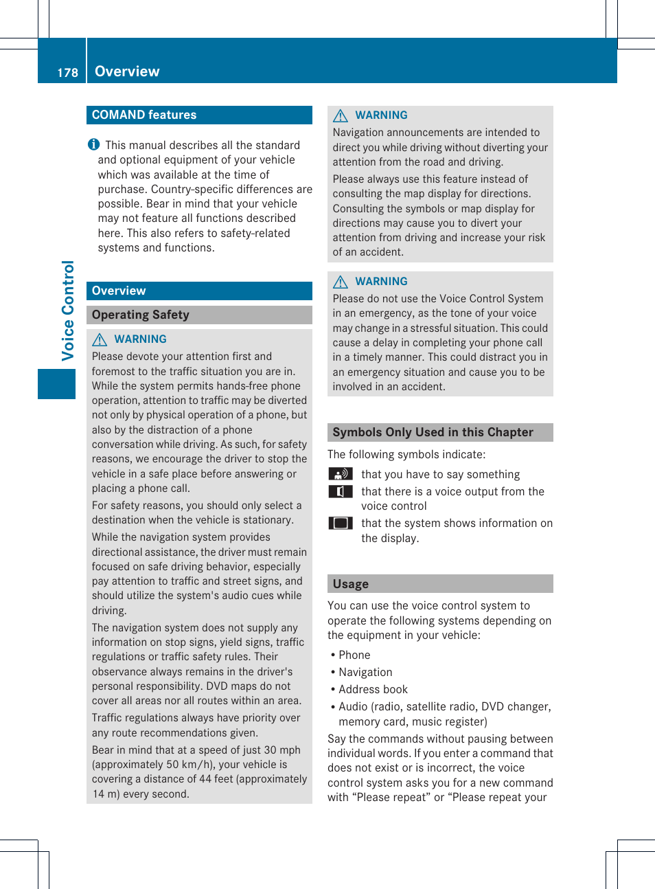 Voice con tr ol, Overview | Mercedes-Benz GL-Class 2012 COMAND Manual User Manual | Page 180 / 210