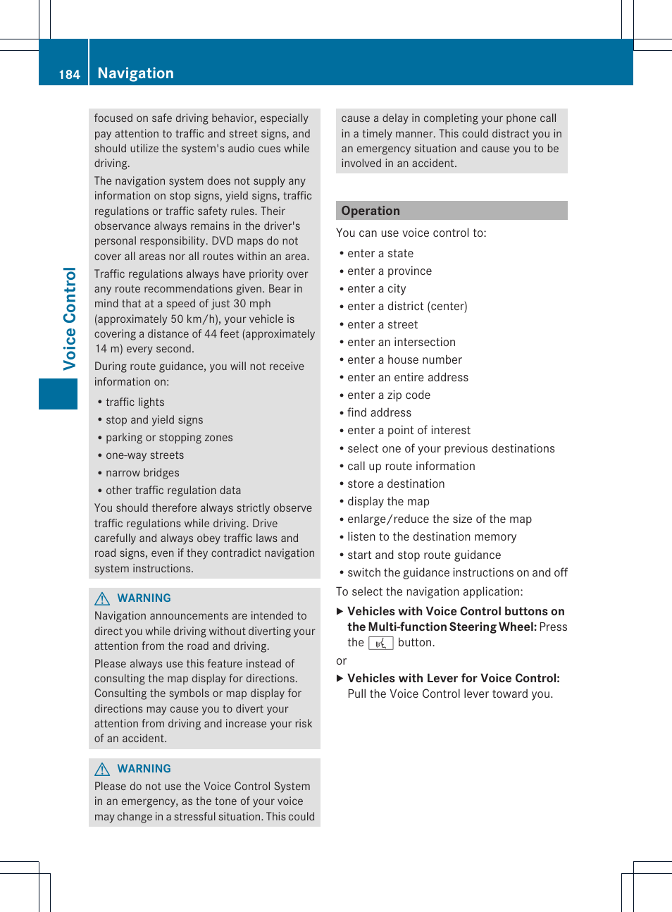 Voice con tr ol, Navigation | Mercedes-Benz GL-Class 2012 COMAND Manual User Manual | Page 186 / 210