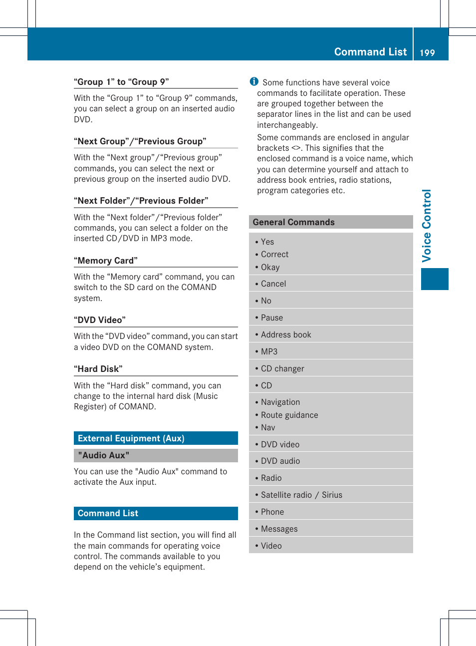 Voice contr ol, Command list | Mercedes-Benz GL-Class 2012 COMAND Manual User Manual | Page 201 / 210