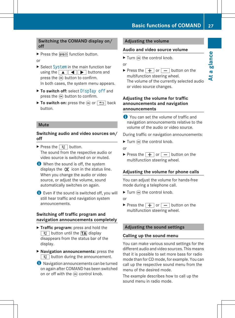 At a glance, Basic functions of comand | Mercedes-Benz GL-Class 2012 COMAND Manual User Manual | Page 29 / 210