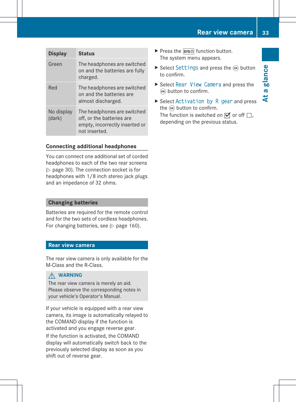 At a glance, Rear view camera | Mercedes-Benz GL-Class 2012 COMAND Manual User Manual | Page 35 / 210