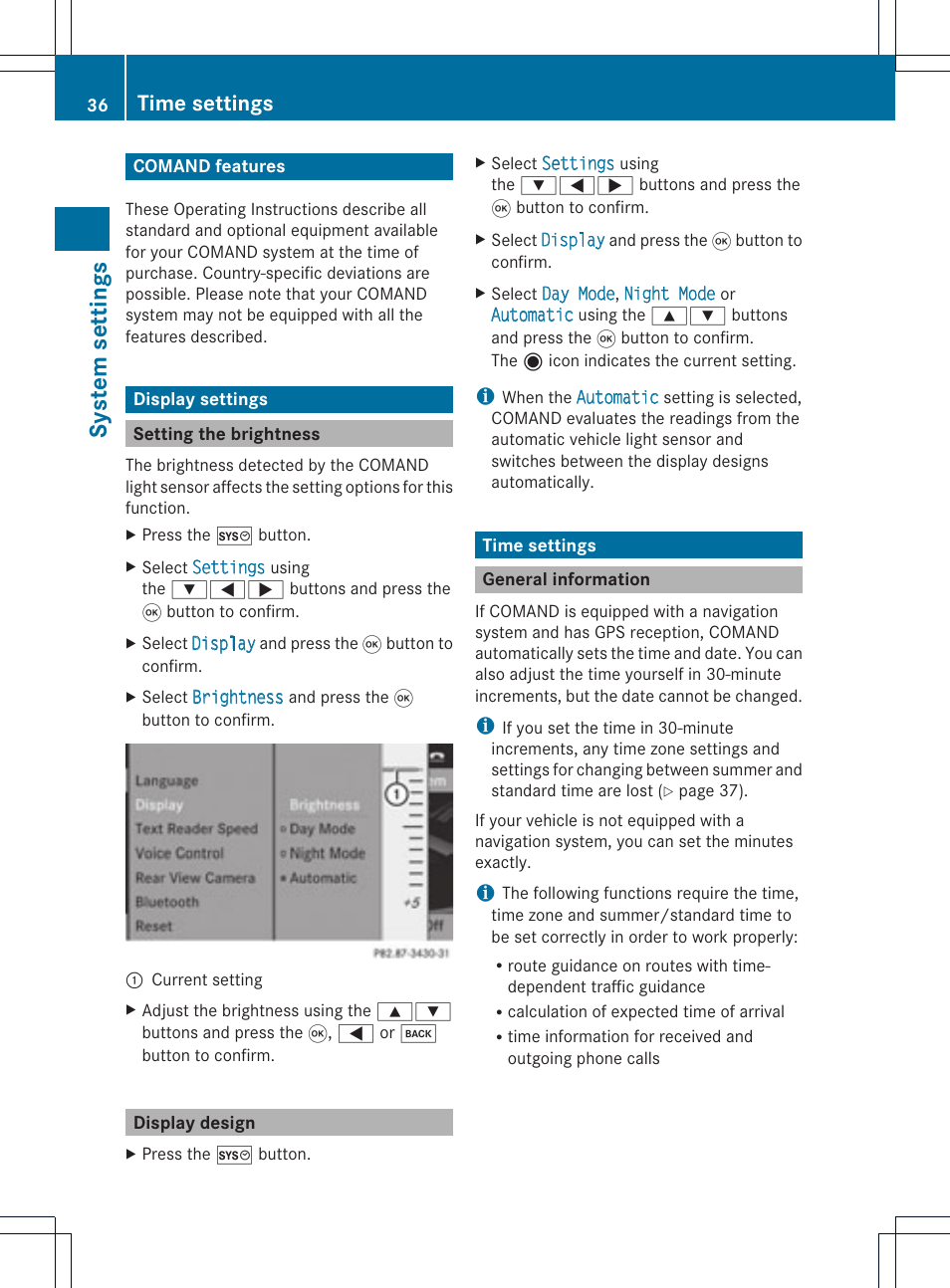 System setting s, Time settings | Mercedes-Benz GL-Class 2012 COMAND Manual User Manual | Page 38 / 210