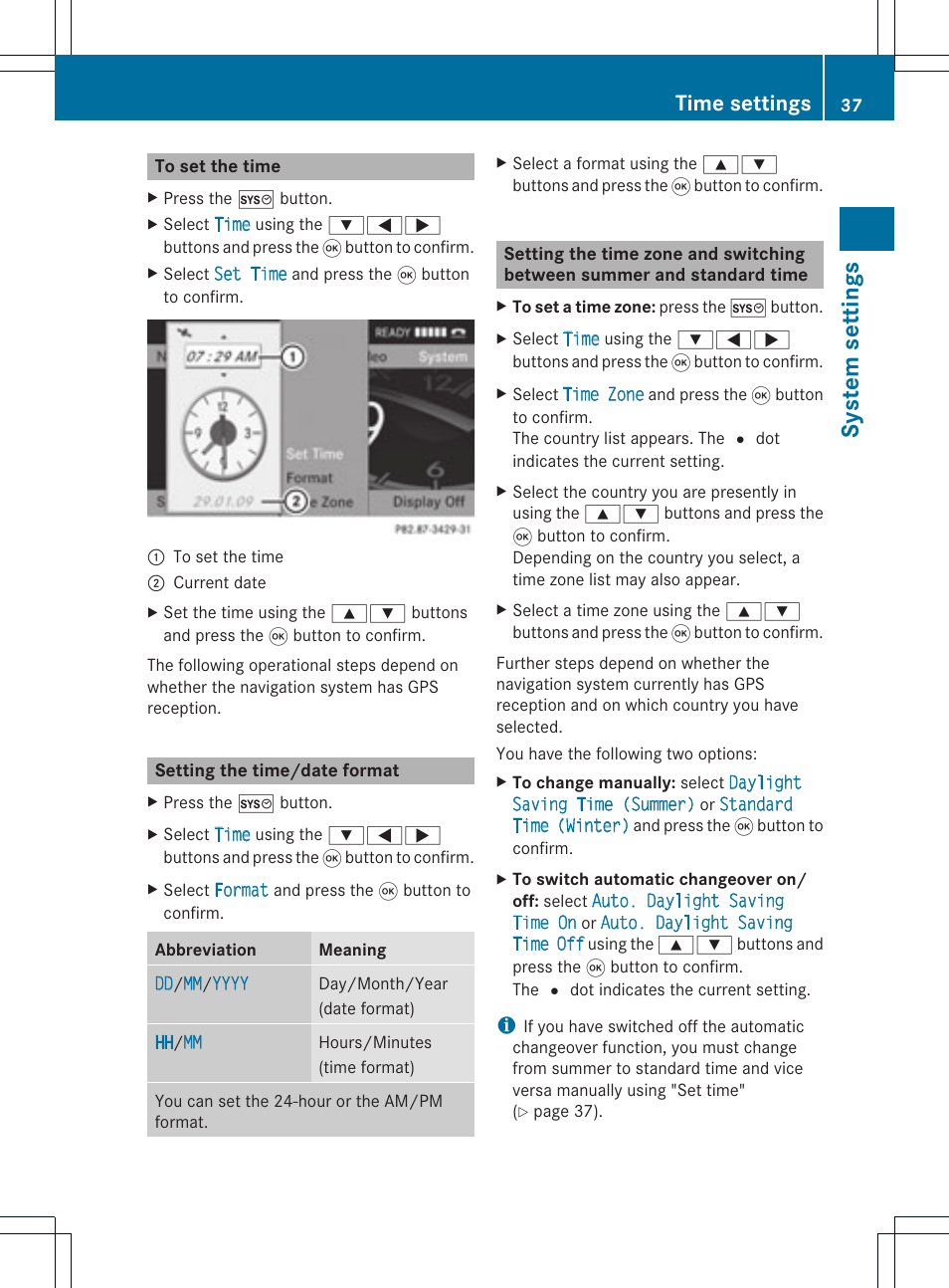 System settings, Time settings | Mercedes-Benz GL-Class 2012 COMAND Manual User Manual | Page 39 / 210