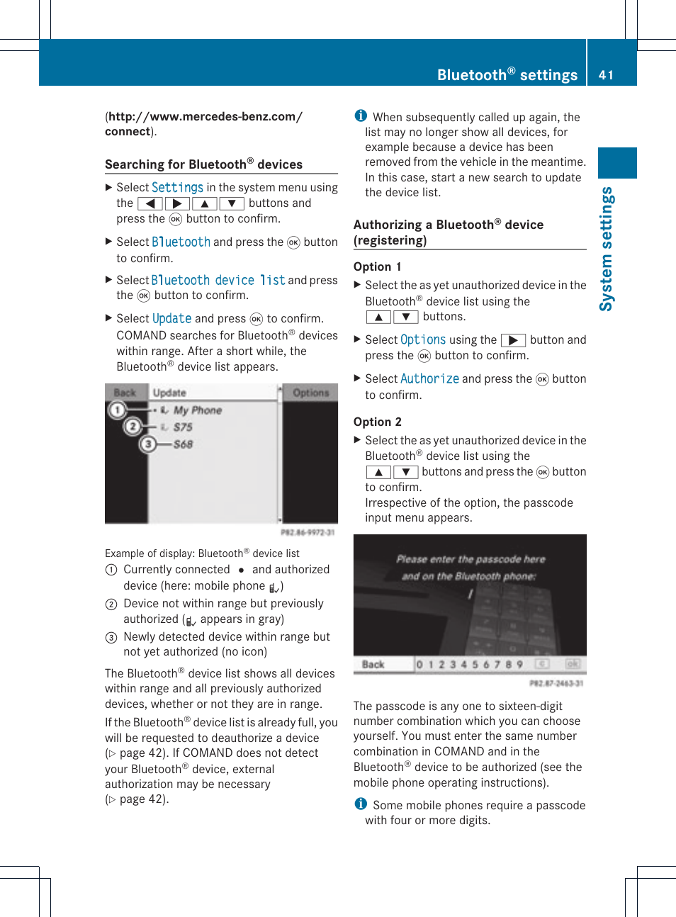 System sett ings, Bluetooth, Settings | Mercedes-Benz GL-Class 2012 COMAND Manual User Manual | Page 43 / 210
