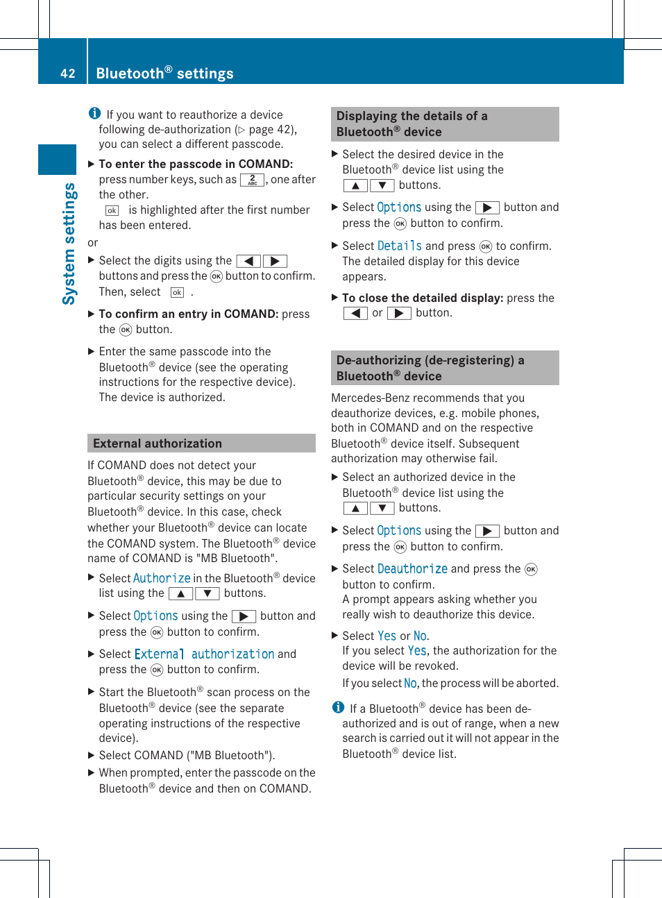 System settings, Bluetooth, Settings | Mercedes-Benz GL-Class 2012 COMAND Manual User Manual | Page 44 / 210
