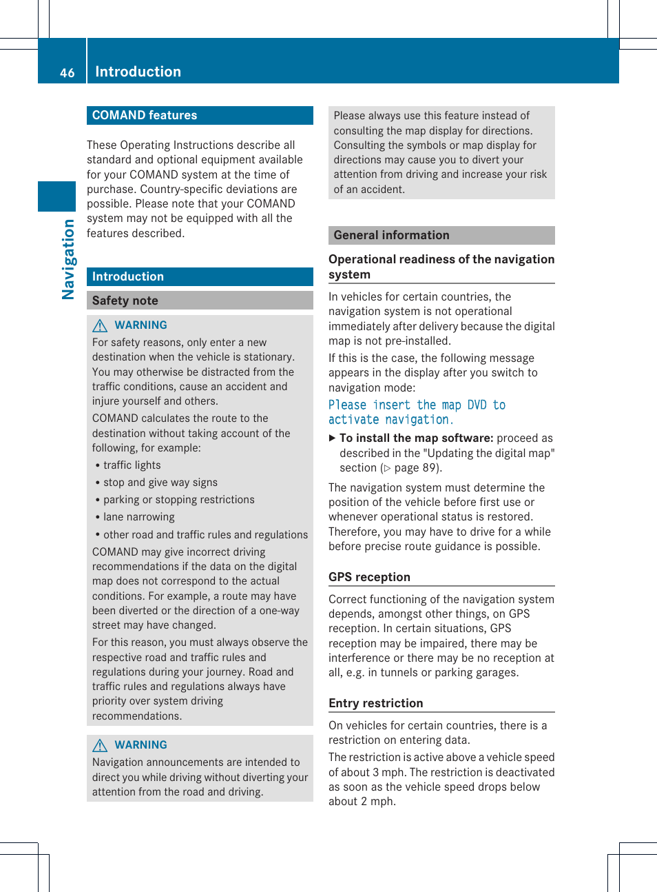 Na vigat ion, Introduction | Mercedes-Benz GL-Class 2012 COMAND Manual User Manual | Page 48 / 210