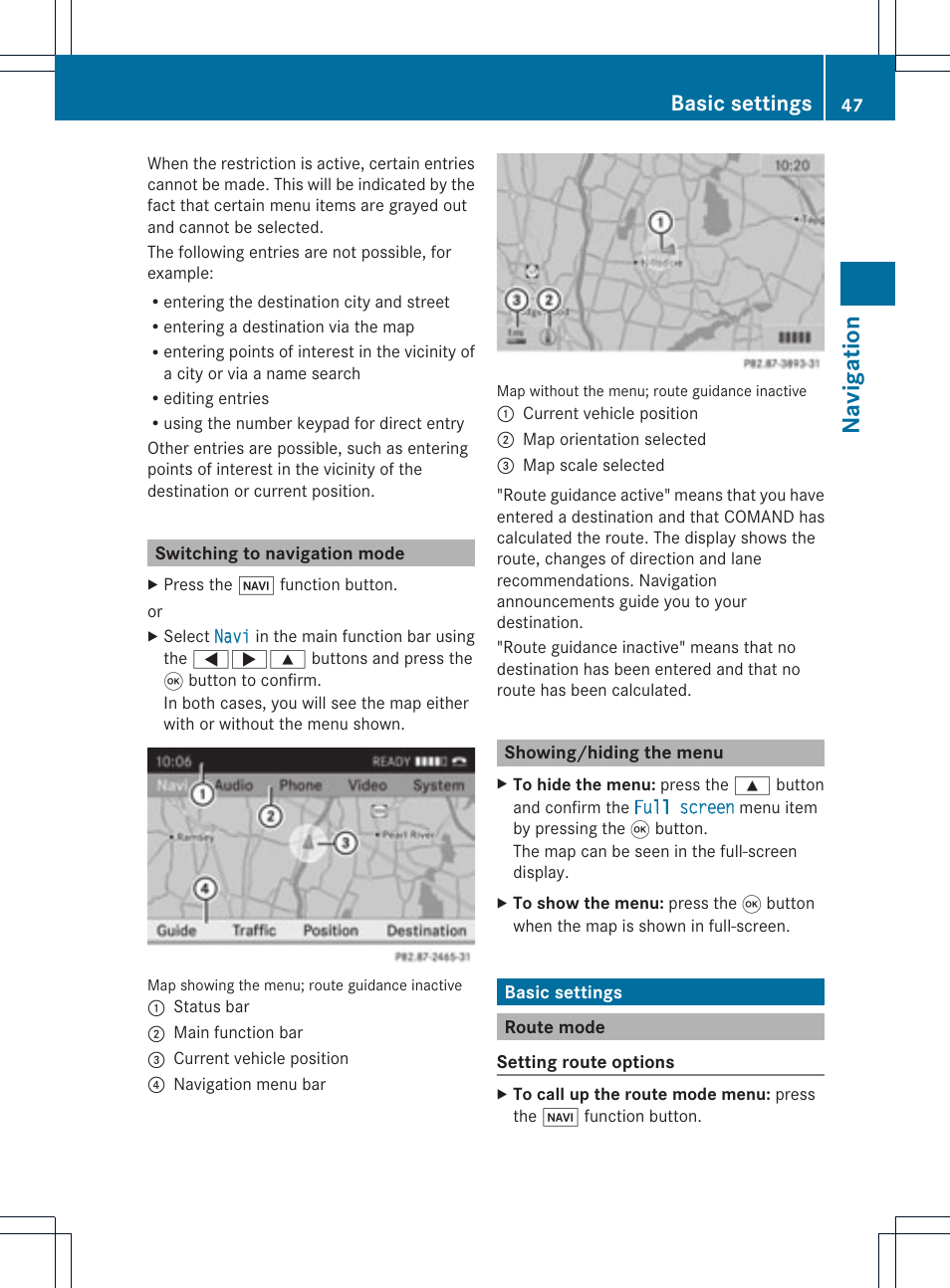 Na vigation, Basic settings | Mercedes-Benz GL-Class 2012 COMAND Manual User Manual | Page 49 / 210