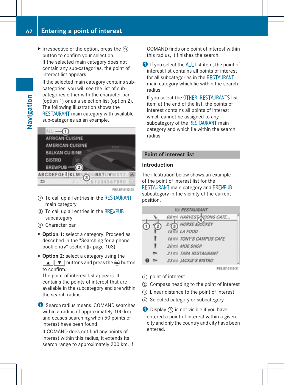 Navi ga tio n, Entering a point of interest | Mercedes-Benz GL-Class 2012 COMAND Manual User Manual | Page 64 / 210