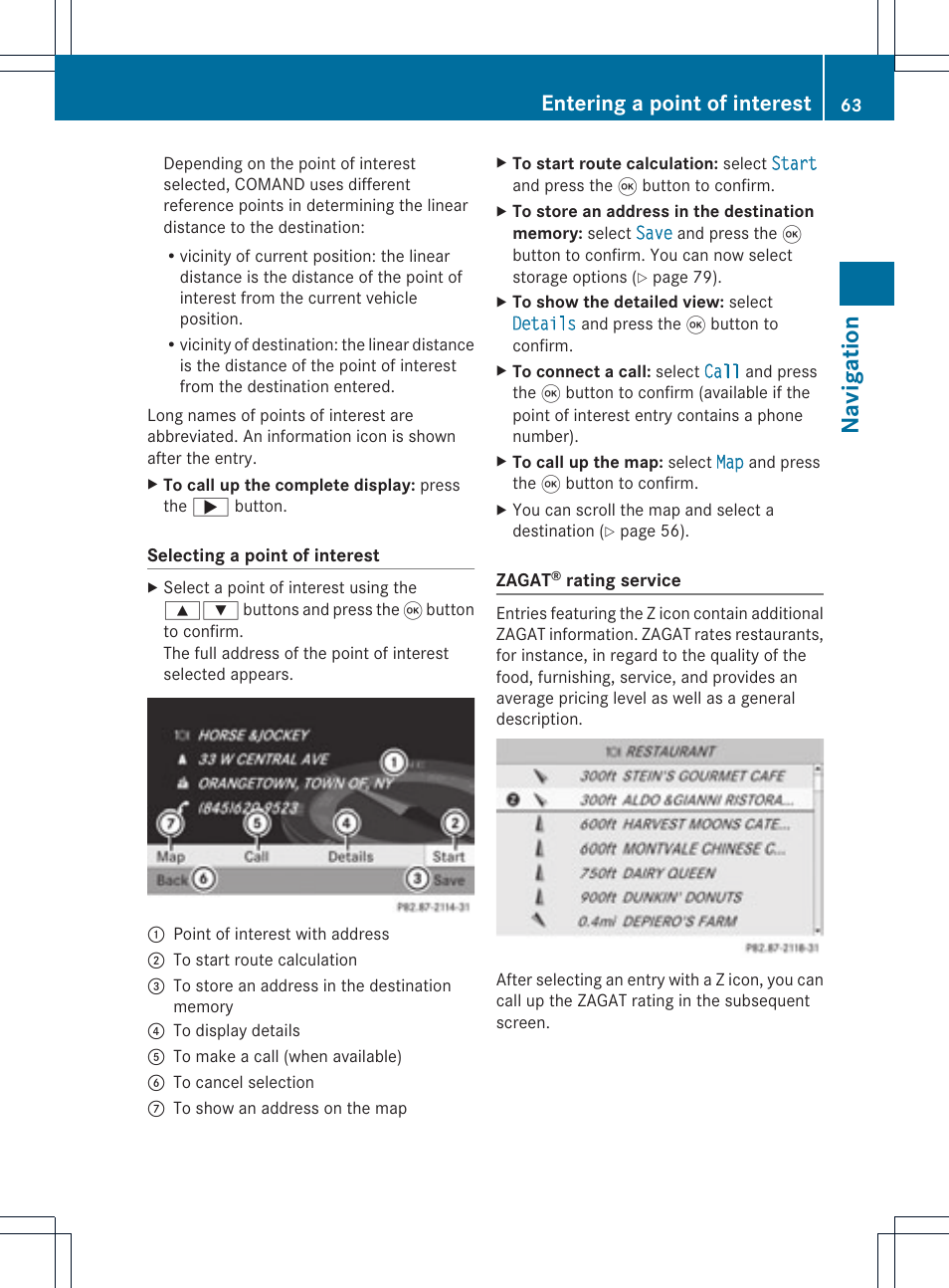 Navi ga tio n, Entering a point of interest | Mercedes-Benz GL-Class 2012 COMAND Manual User Manual | Page 65 / 210