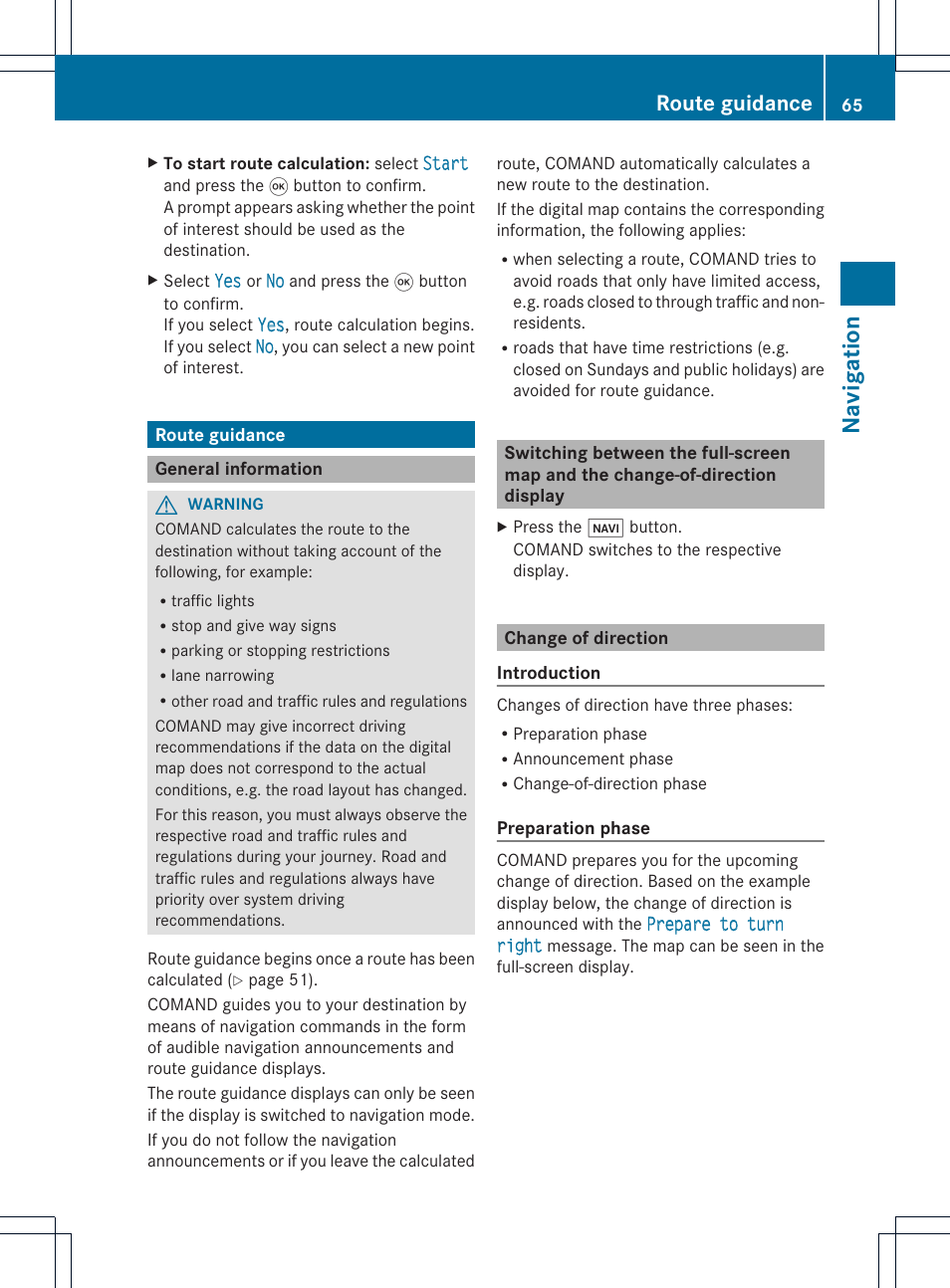 Na vigat ion, Route guidance | Mercedes-Benz GL-Class 2012 COMAND Manual User Manual | Page 67 / 210