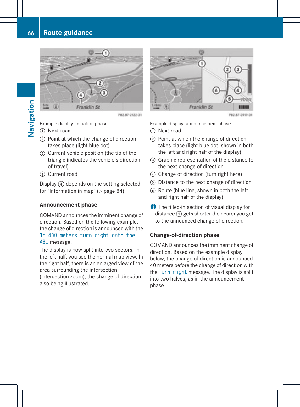 Na viga tion, Route guidance | Mercedes-Benz GL-Class 2012 COMAND Manual User Manual | Page 68 / 210