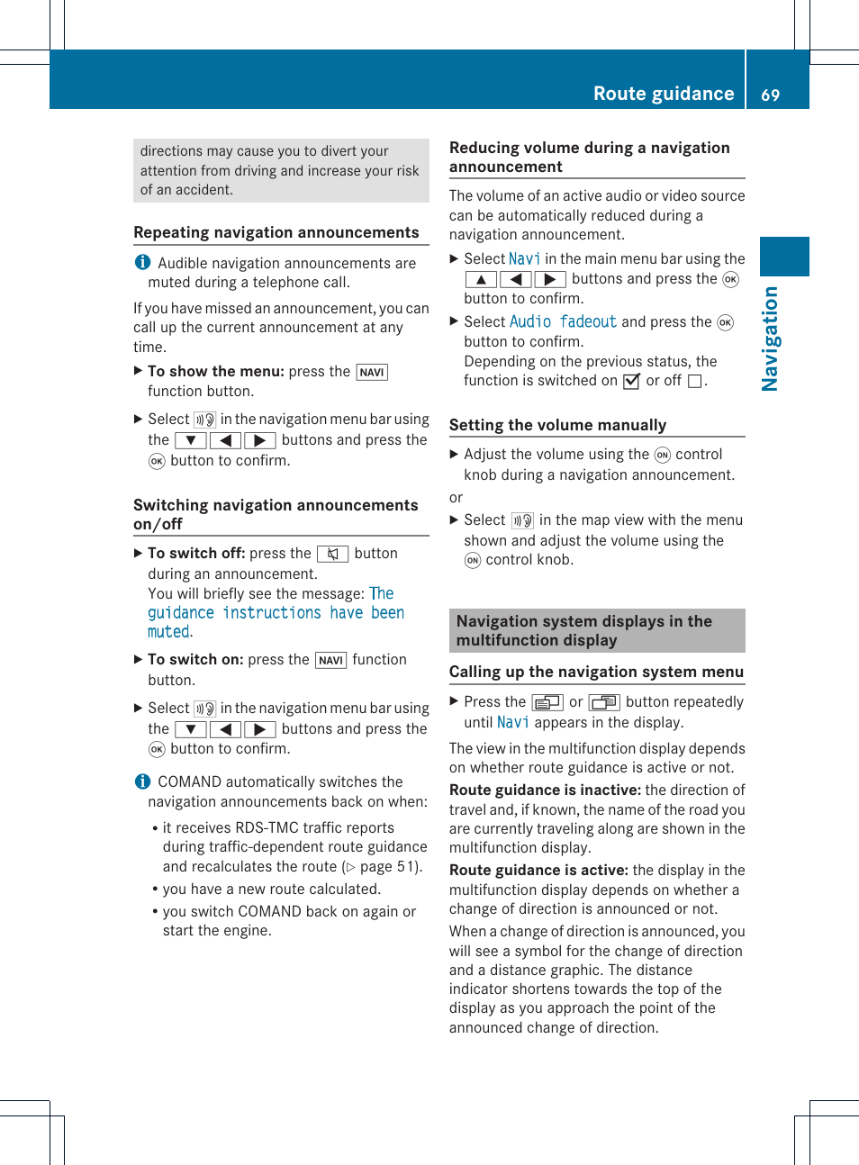 Na vigation, Route guidance | Mercedes-Benz GL-Class 2012 COMAND Manual User Manual | Page 71 / 210