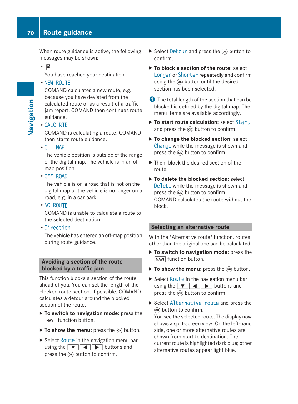 Na vigat ion, Route guidance | Mercedes-Benz GL-Class 2012 COMAND Manual User Manual | Page 72 / 210