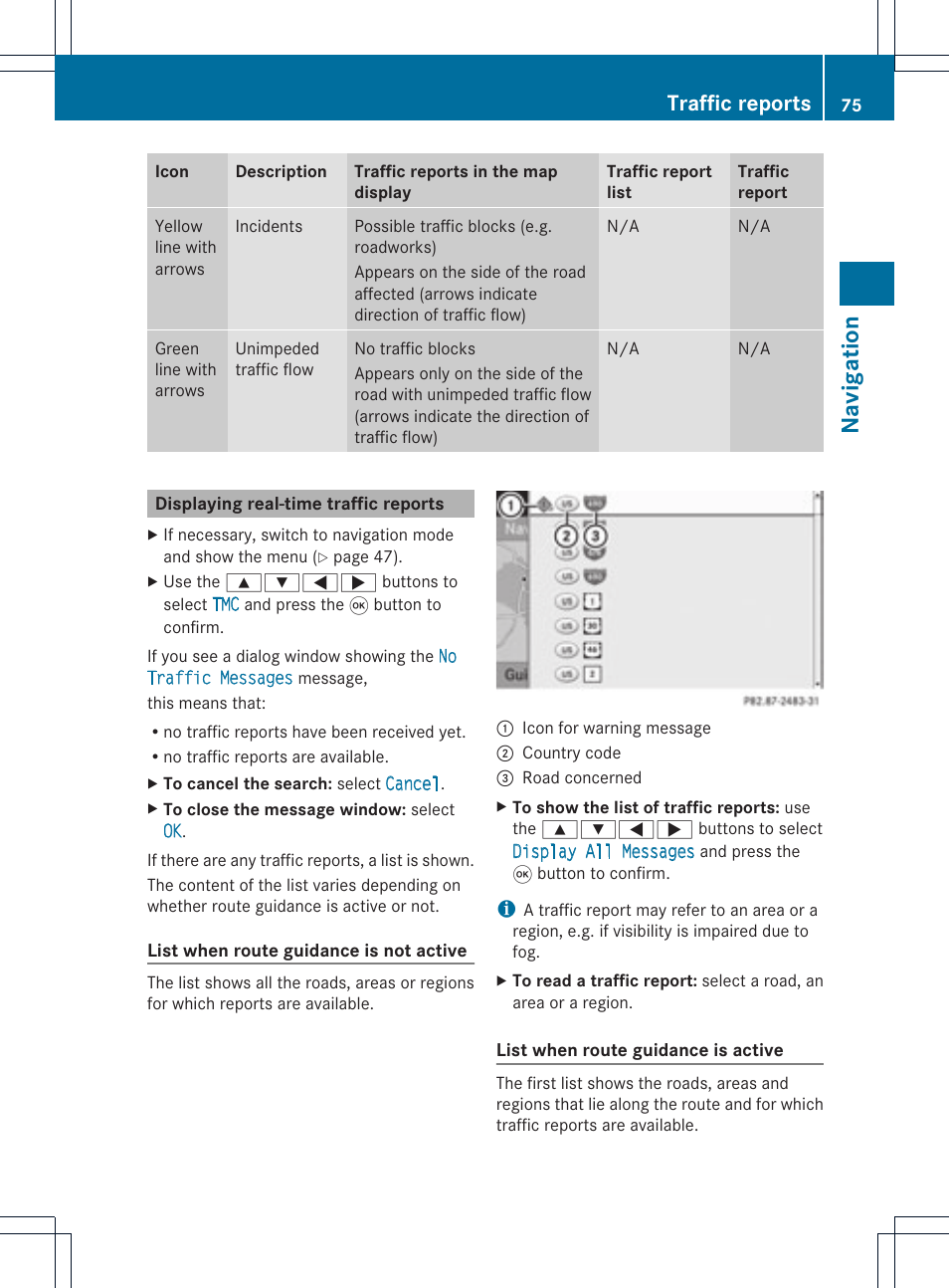Na vigation, Traffic reports | Mercedes-Benz GL-Class 2012 COMAND Manual User Manual | Page 77 / 210