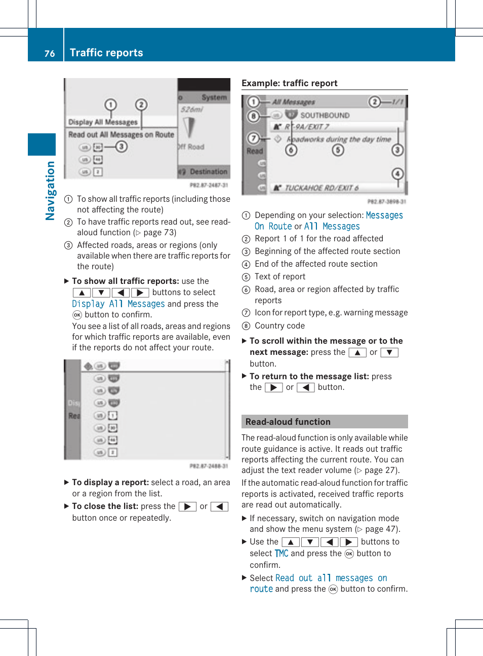 Na vigation, Traffic reports | Mercedes-Benz GL-Class 2012 COMAND Manual User Manual | Page 78 / 210