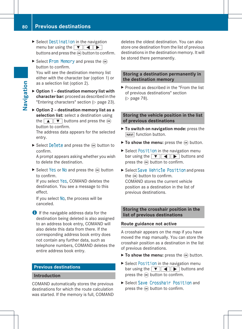 Na vigation, Previous destinations | Mercedes-Benz GL-Class 2012 COMAND Manual User Manual | Page 82 / 210
