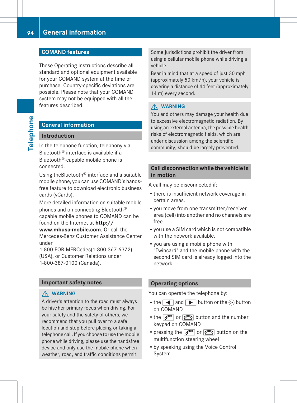 Telephone, General information | Mercedes-Benz GL-Class 2012 COMAND Manual User Manual | Page 96 / 210