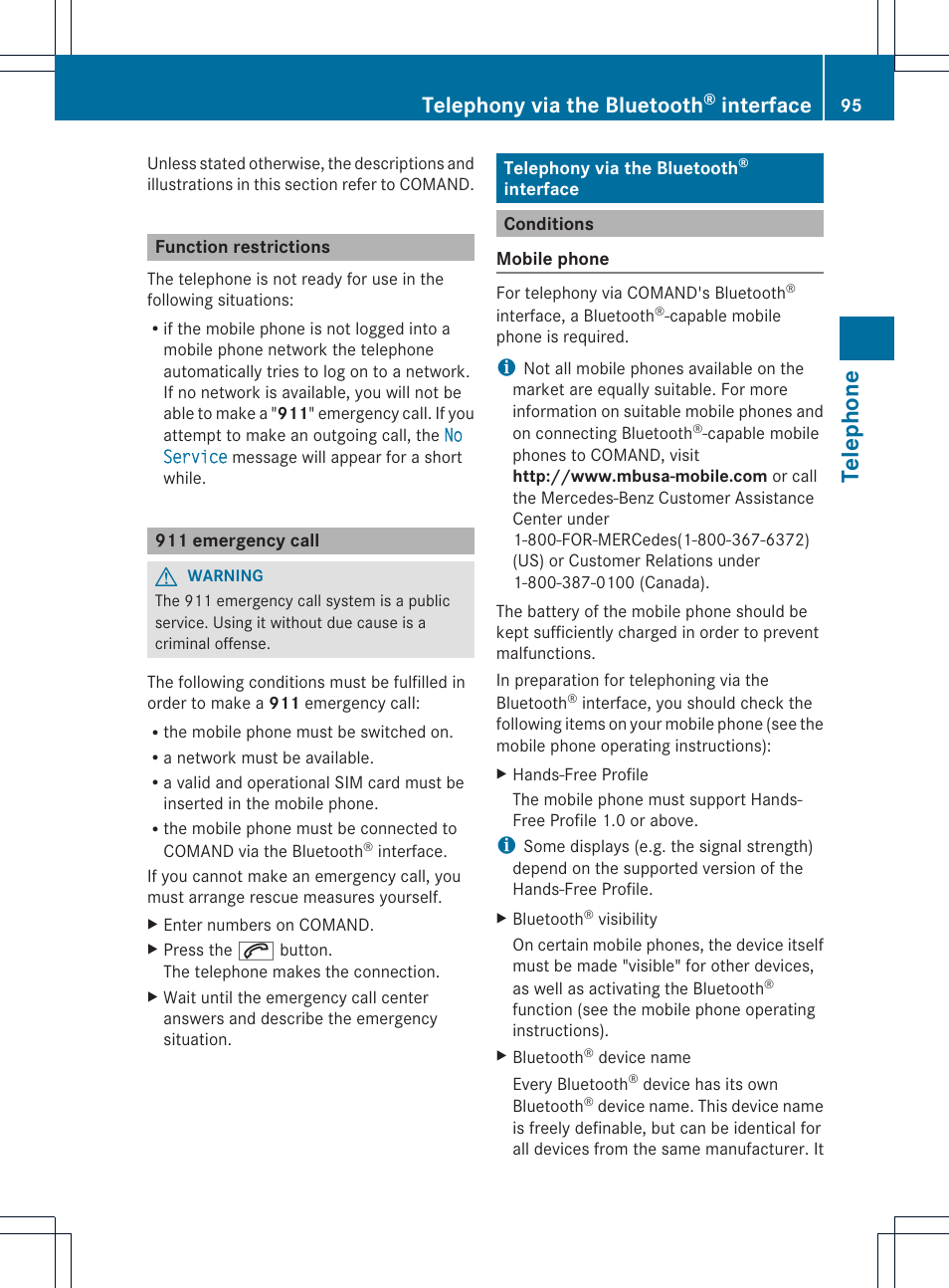 Telephone, Telephony via the bluetooth, Interface | Mercedes-Benz GL-Class 2012 COMAND Manual User Manual | Page 97 / 210