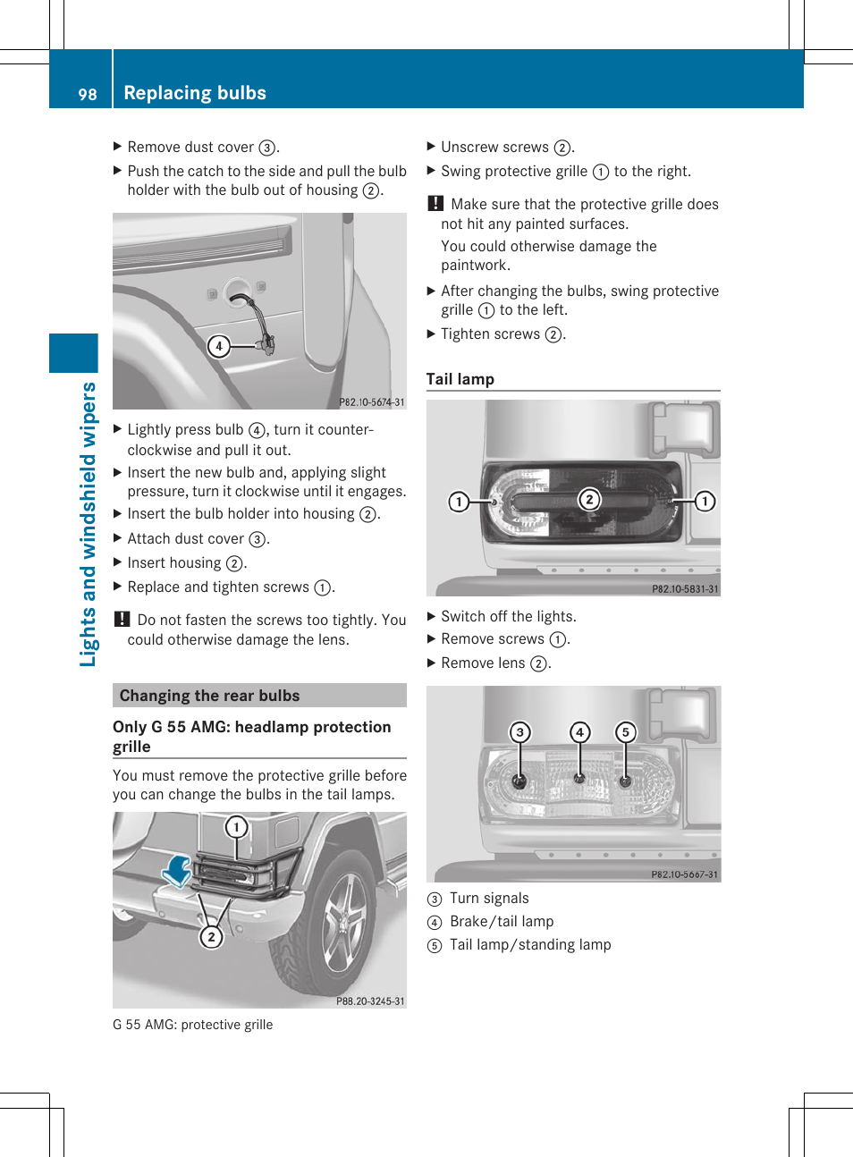 Changing the rear bulbs, Lights and windshield wipers, Replacing bulbs | Mercedes-Benz G-Class 2012 Owners Manual User Manual | Page 100 / 284