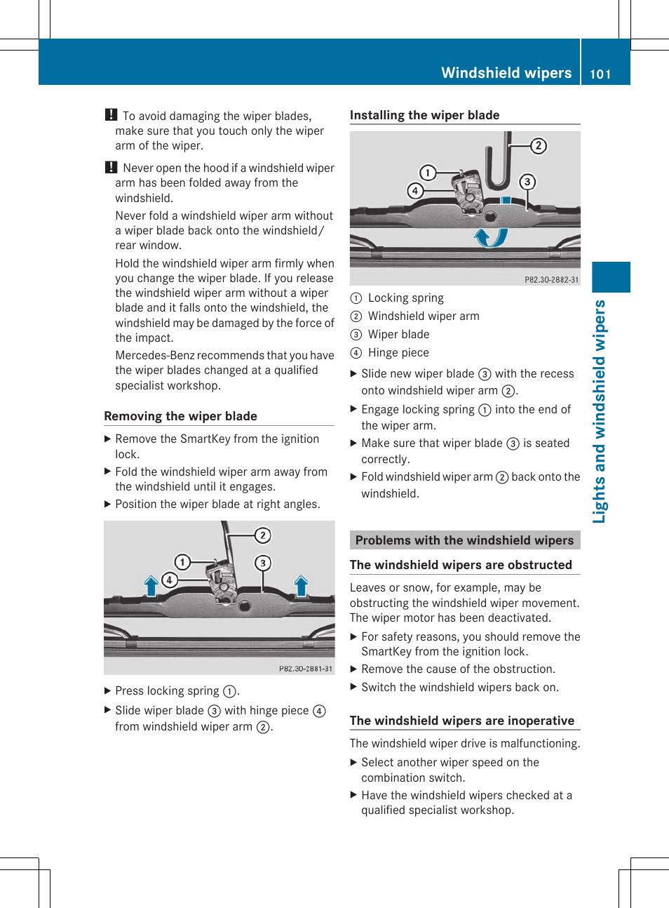 Problems with the windshield wipers, Lights and windshield wipers, Windshield wipers | Mercedes-Benz G-Class 2012 Owners Manual User Manual | Page 103 / 284