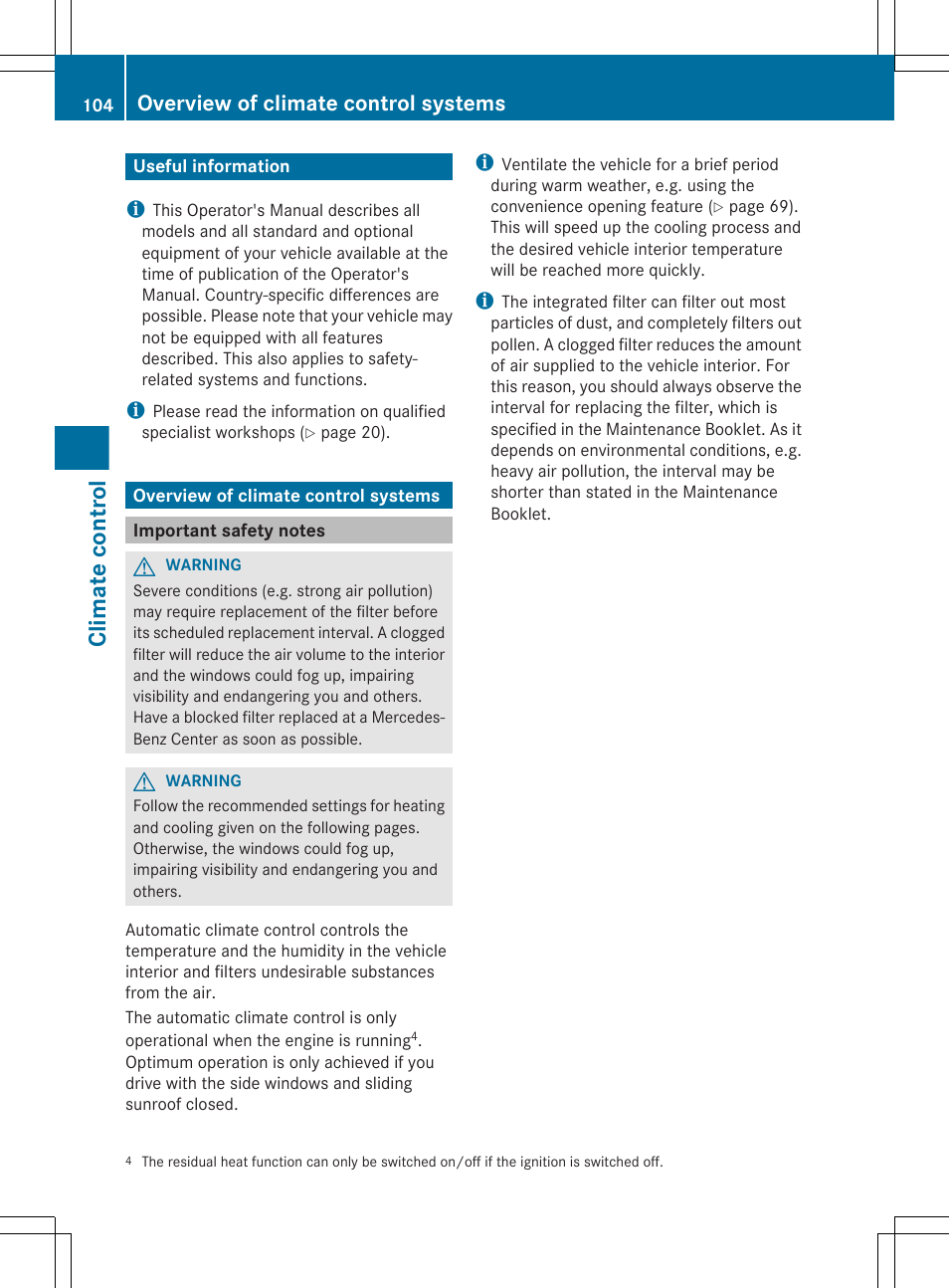 Climate control, Useful information, Overview of climate control systems | Important safety notes | Mercedes-Benz G-Class 2012 Owners Manual User Manual | Page 106 / 284