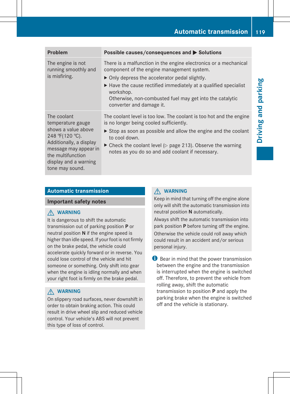 Automatic transmission, Important safety notes, Transmission | Driving and parking | Mercedes-Benz G-Class 2012 Owners Manual User Manual | Page 121 / 284