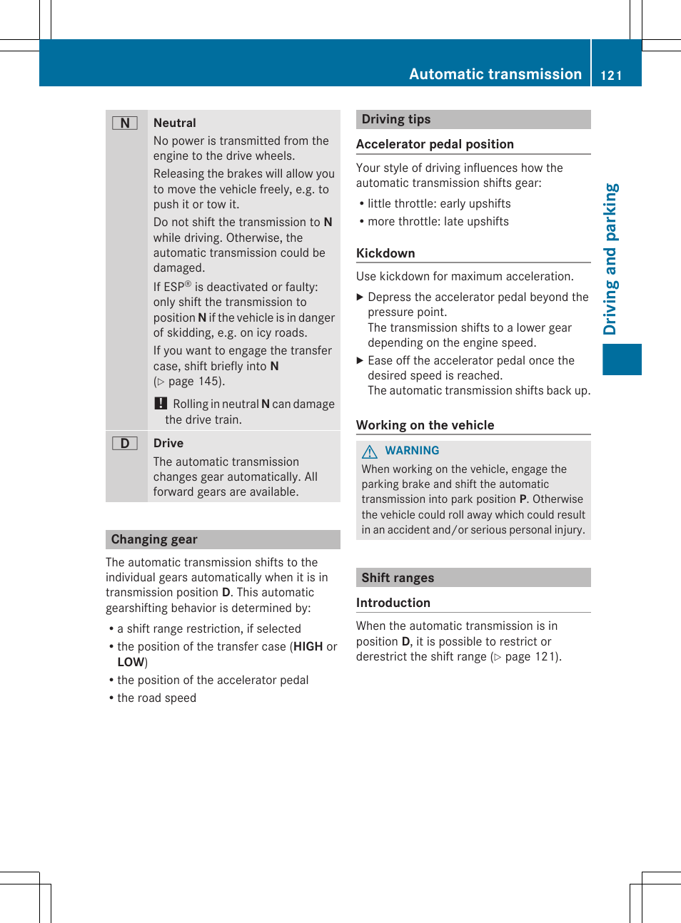 Changing gear, Driving tips, Shift ranges | Driving and parking, Automatic transmission | Mercedes-Benz G-Class 2012 Owners Manual User Manual | Page 123 / 284