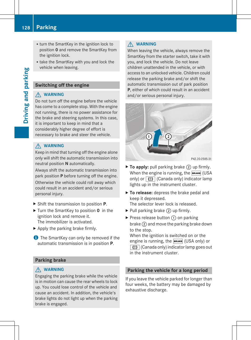 Switching off the engine, Parking brake, Parking the vehicle for a long period | Driving and parking, Parking | Mercedes-Benz G-Class 2012 Owners Manual User Manual | Page 130 / 284