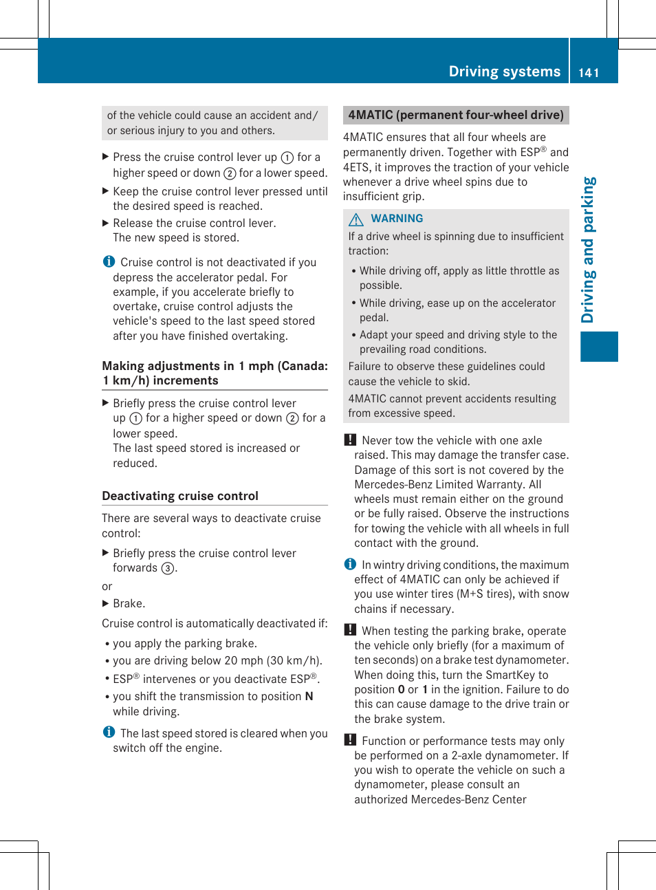 4matic (permanent four-wheel drive), Driving and parking, Driving systems | Mercedes-Benz G-Class 2012 Owners Manual User Manual | Page 143 / 284