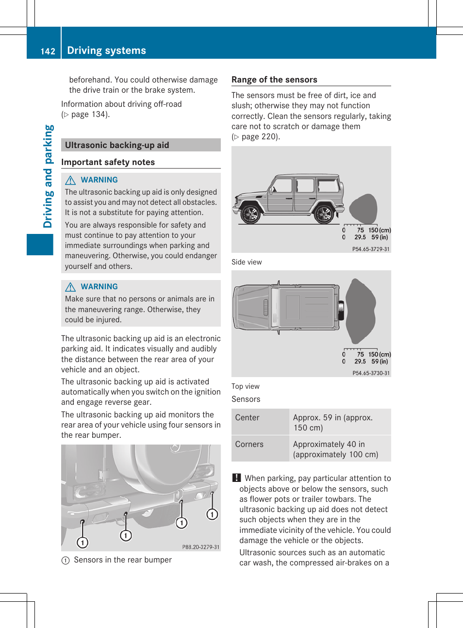Ultrasonic backing-up aid, Driving and parking, Driving systems | Mercedes-Benz G-Class 2012 Owners Manual User Manual | Page 144 / 284