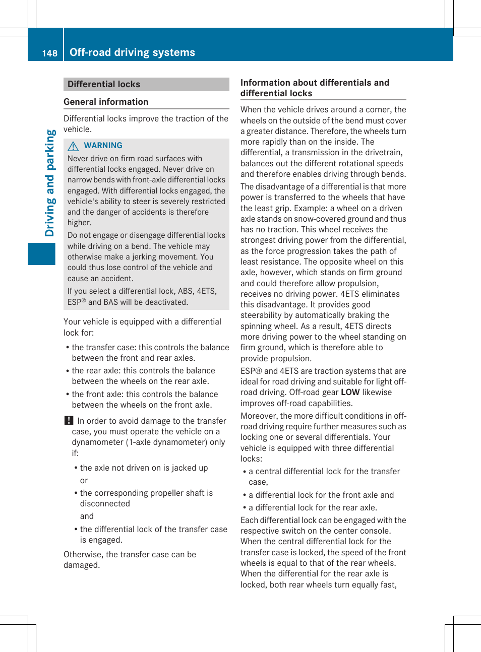 Differential locks, Driving and parking, Off-road driving systems | Mercedes-Benz G-Class 2012 Owners Manual User Manual | Page 150 / 284