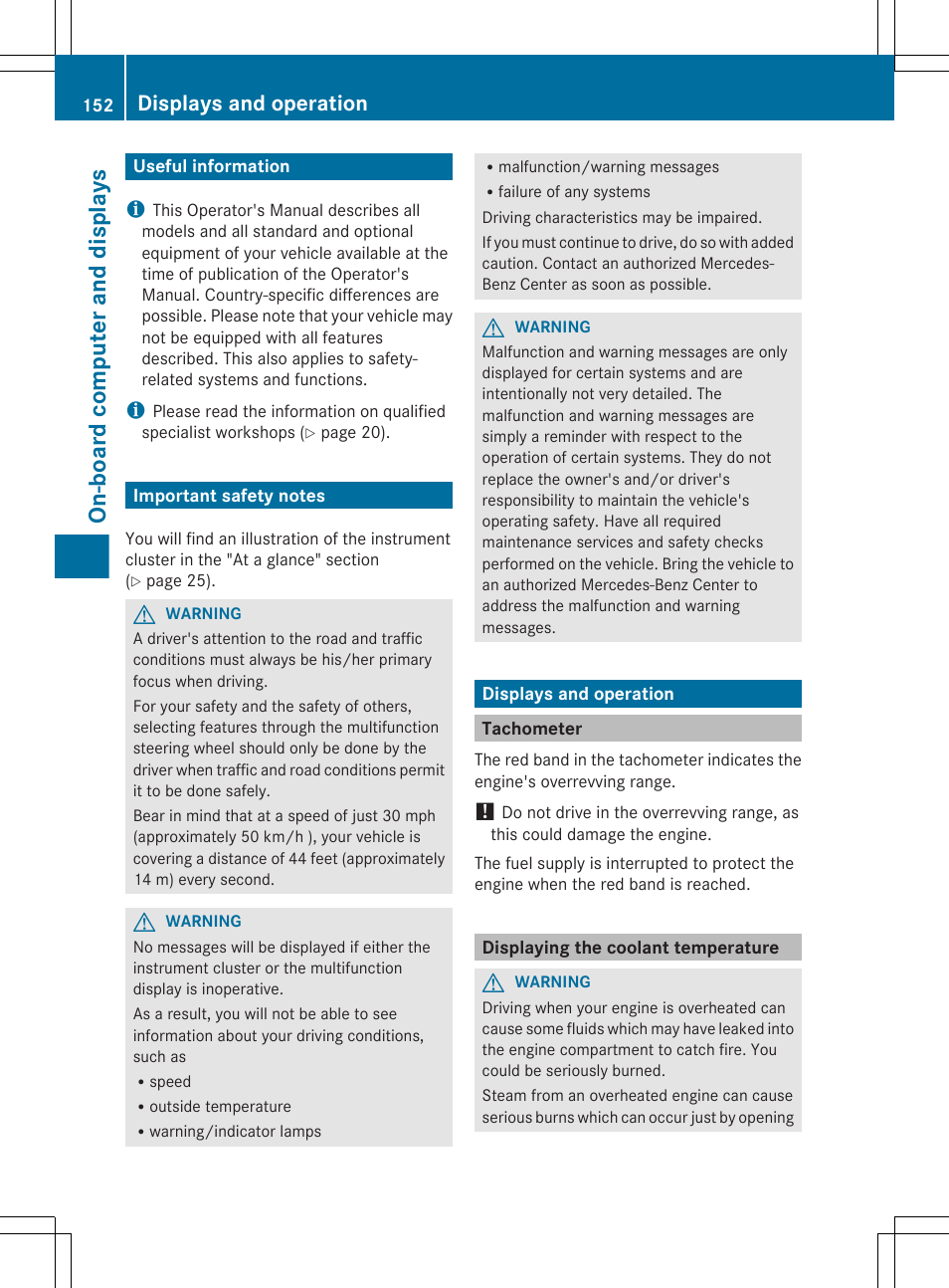 On-board computer and displays, Useful information, Important safety notes | Displays and operation, Tachometer, Displaying the coolant temperature | Mercedes-Benz G-Class 2012 Owners Manual User Manual | Page 154 / 284