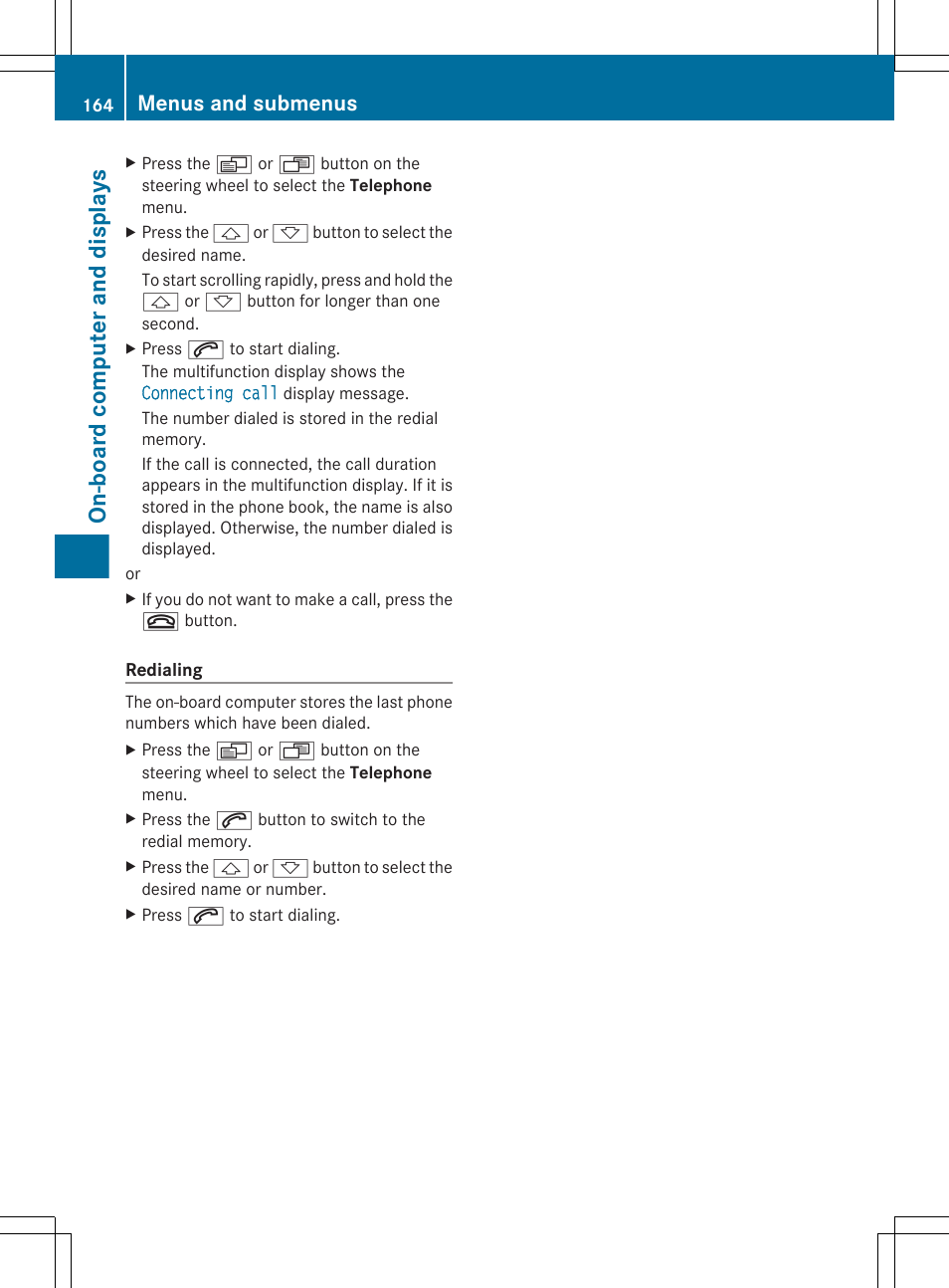 On-board computer and displays, Menus and submenus | Mercedes-Benz G-Class 2012 Owners Manual User Manual | Page 166 / 284