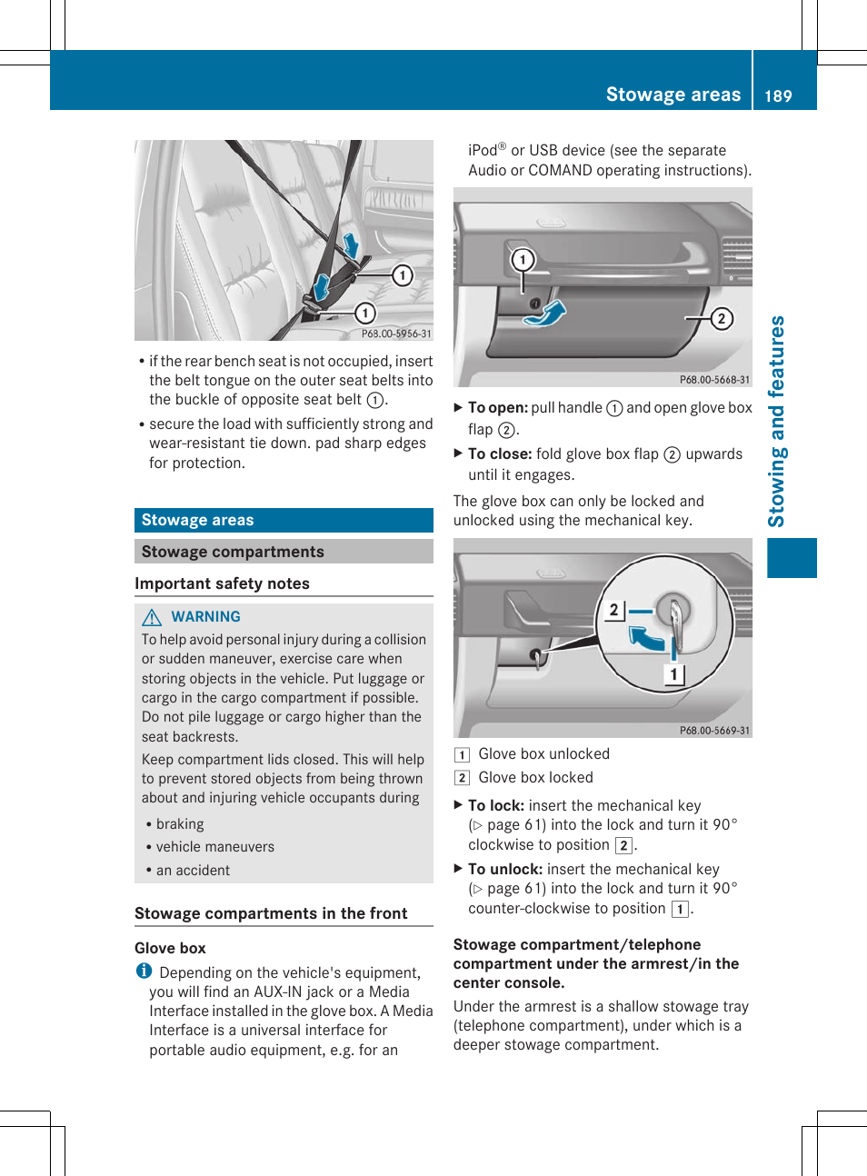 Stowage areas, Stowage compartments, Stowing and features | Mercedes-Benz G-Class 2012 Owners Manual User Manual | Page 191 / 284