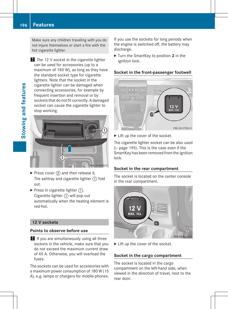 12 v sockets, Stowing and features, Features | Mercedes-Benz G-Class 2012 Owners Manual User Manual | Page 198 / 284