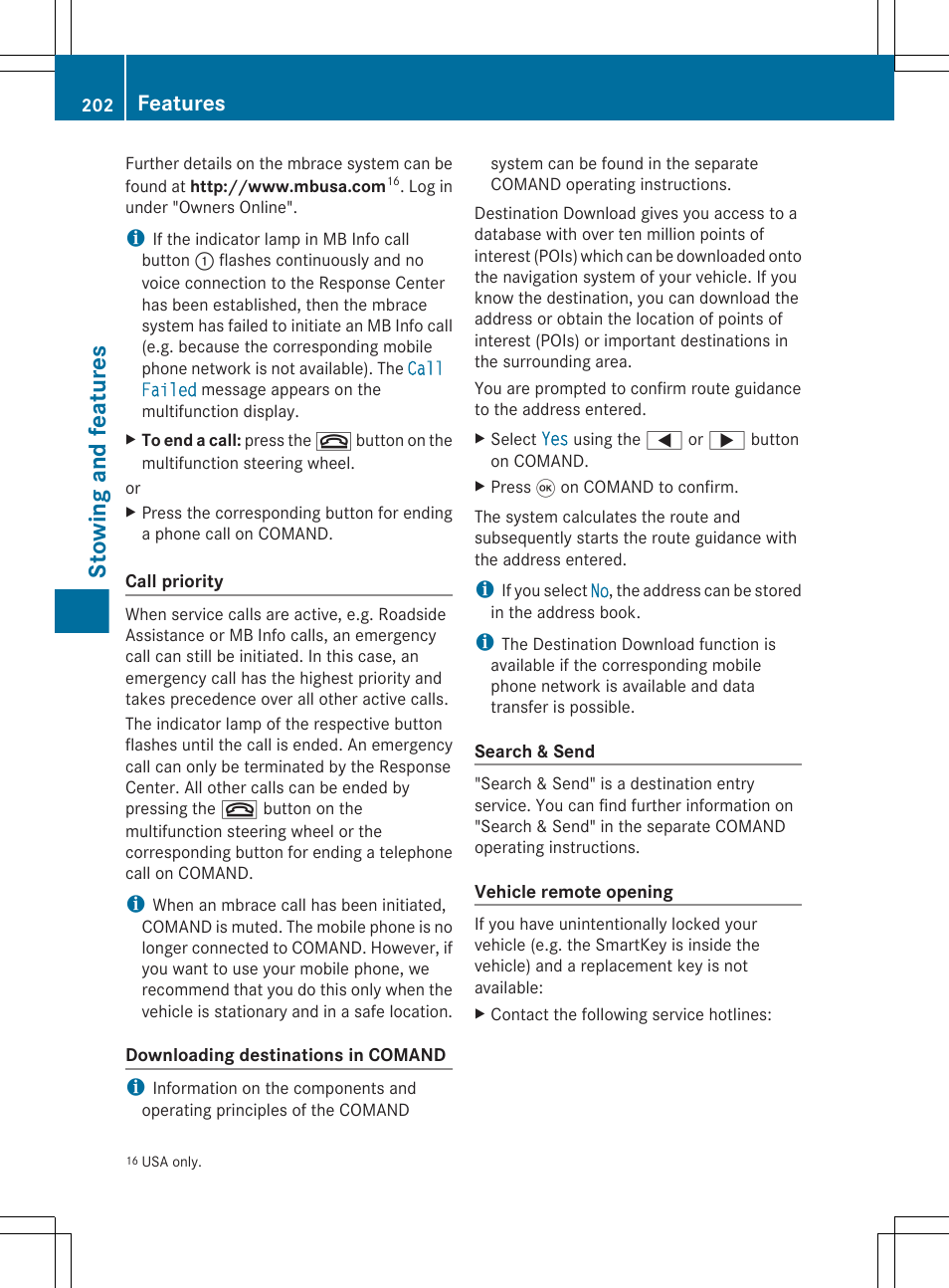 Stowing and features, Features | Mercedes-Benz G-Class 2012 Owners Manual User Manual | Page 204 / 284