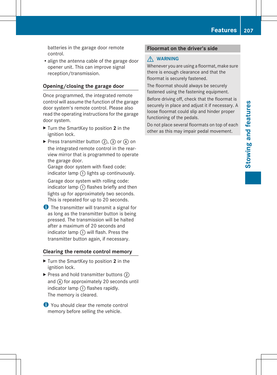 Floormat on the driver's side, Stowing and features, Features | Mercedes-Benz G-Class 2012 Owners Manual User Manual | Page 209 / 284