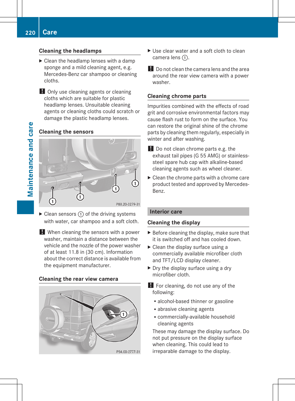 Interior care, Maintenance and care, Care | Mercedes-Benz G-Class 2012 Owners Manual User Manual | Page 222 / 284