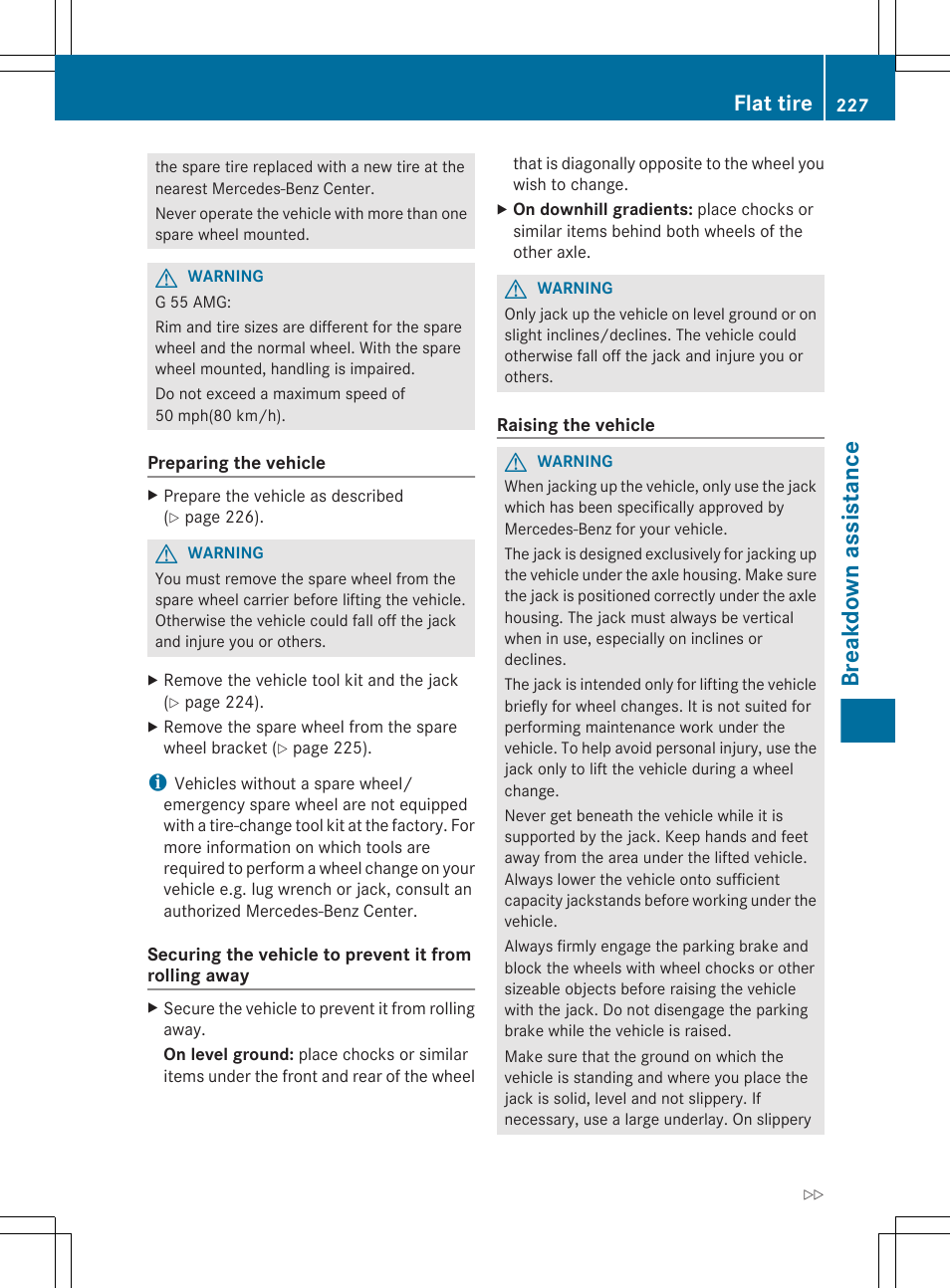 Breakdown assistance, Flat tire | Mercedes-Benz G-Class 2012 Owners Manual User Manual | Page 229 / 284