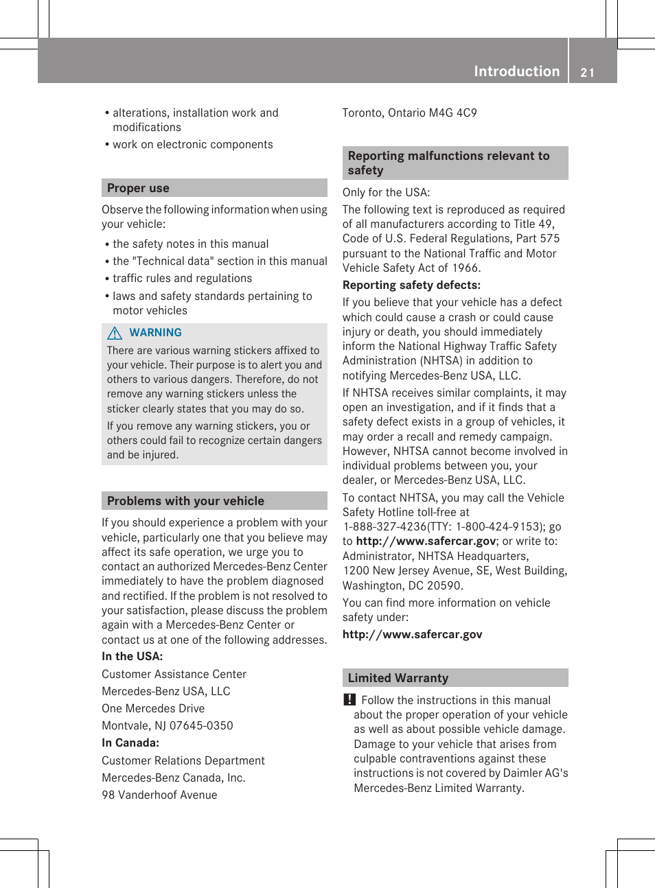 Proper use, Problems with your vehicle, Reporting malfunctions relevant to safety | Limited warranty, Introduction | Mercedes-Benz G-Class 2012 Owners Manual User Manual | Page 23 / 284