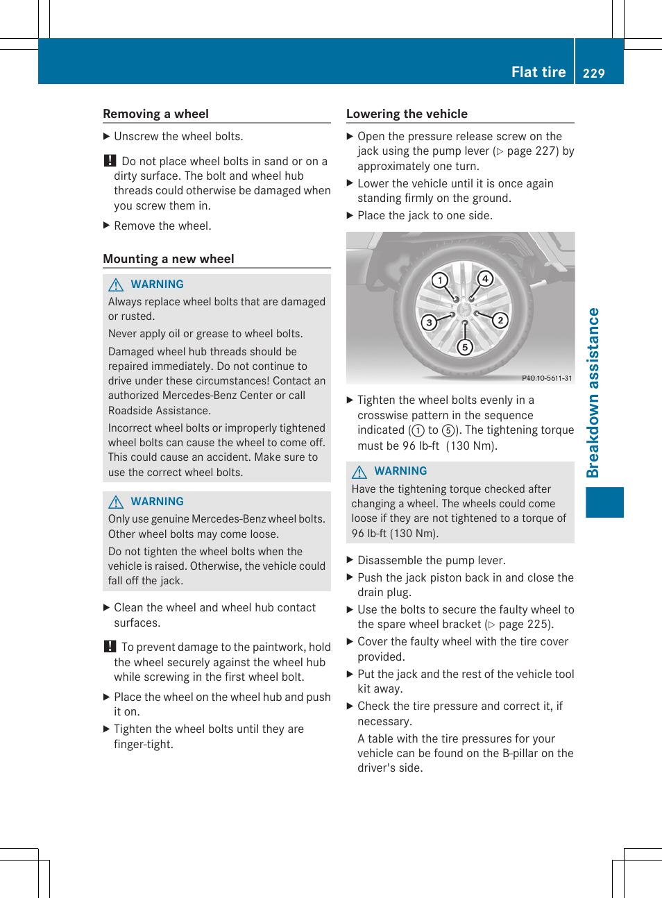 Breakdown assistance, Flat tire | Mercedes-Benz G-Class 2012 Owners Manual User Manual | Page 231 / 284