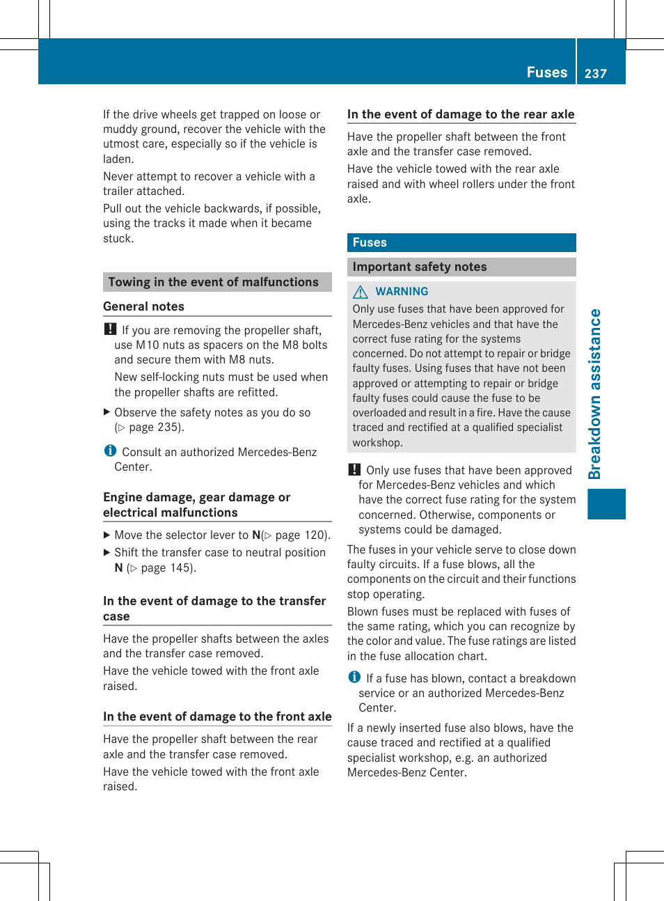 Towing in the event of malfunctions, Fuses, Important safety notes | Breakdown assistance | Mercedes-Benz G-Class 2012 Owners Manual User Manual | Page 239 / 284