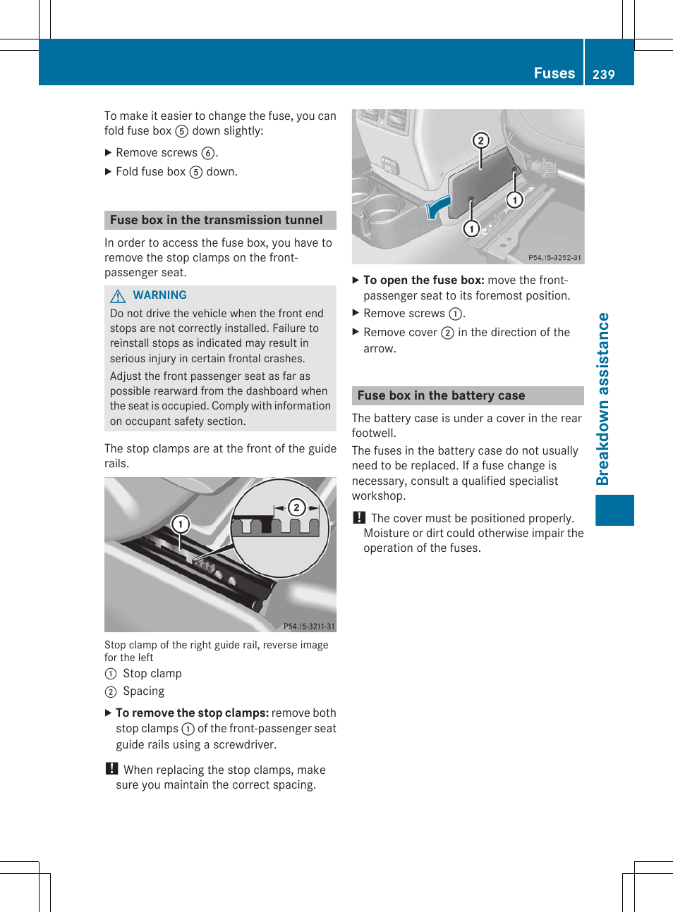 Fuse box in the transmission tunnel, Fuse box in the battery case, Breakdown assistance | Fuses | Mercedes-Benz G-Class 2012 Owners Manual User Manual | Page 241 / 284