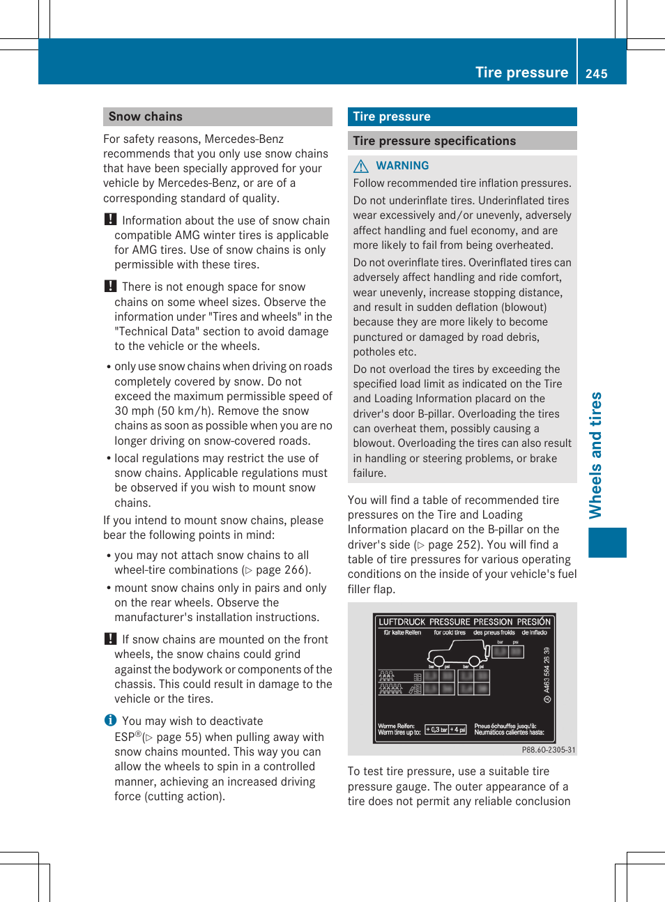 Snow chains, Tire pressure, Tire pressure specifications | Snow chains, see, Correct the tire pressure, Check the tire pressures, Wheels and tires | Mercedes-Benz G-Class 2012 Owners Manual User Manual | Page 247 / 284